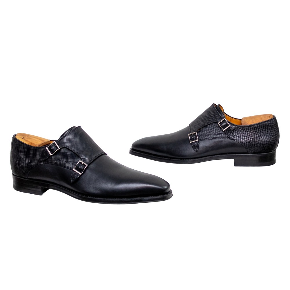 Magnanni Black Leather Double Monk Strap Dress Shoes Men's EU 45 US 12 UK 11
